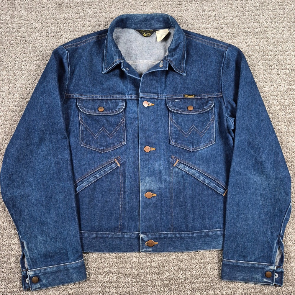 Vintage 70s Wrangler No-Fault Denim Jacket Mens 44 Blue 74126NV Made in USA Dark